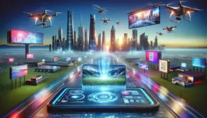 A futuristic landscape depicting an advanced video content marketing concept. In the foreground, a sleek, modern digital interface floats in the air