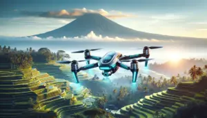 Futuristic drone flying over scenic landscape of Bali.